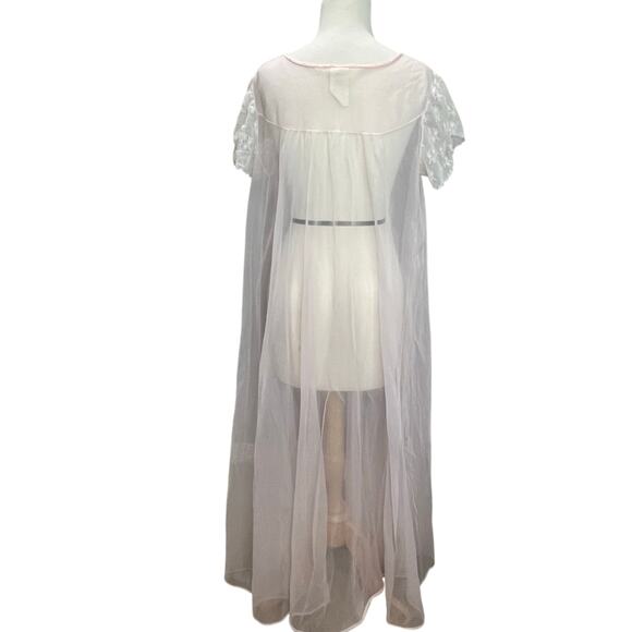 Vintage 60s 70s Peignoir Negligee L Pink Floral Nylon Lace Sheer Retro Feminine - Picture 4 of 13